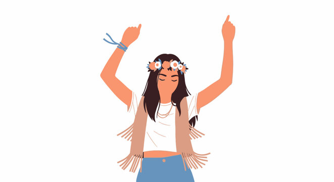 Illustration of a happy young woman dancing at a music festival. EPS Editable. Vector Illustrations.