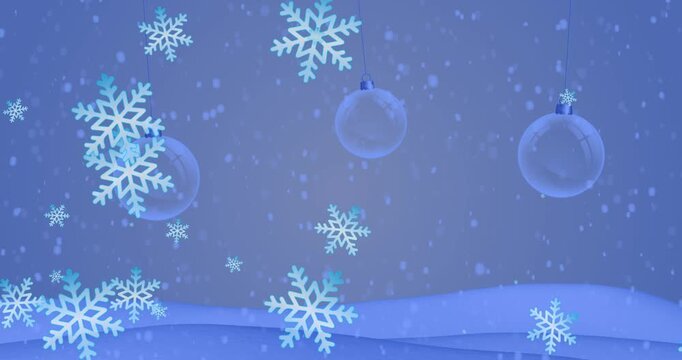 Animation of snowflakes icons falling over hanging bauble decorations against winter landscape