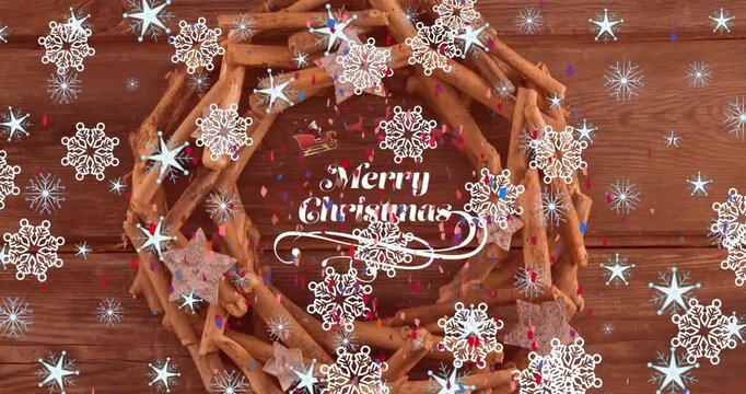 Animation of christmas greetings text over christmas decorations and snow