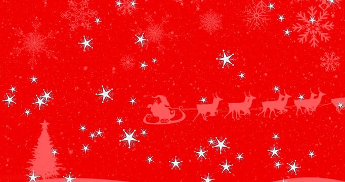 Santa sleigh and reindeer silhouette with snowflakes animation.