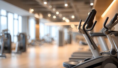 Fototapeta premium Modern fitness center interior featuring exercise machines with a blurred background