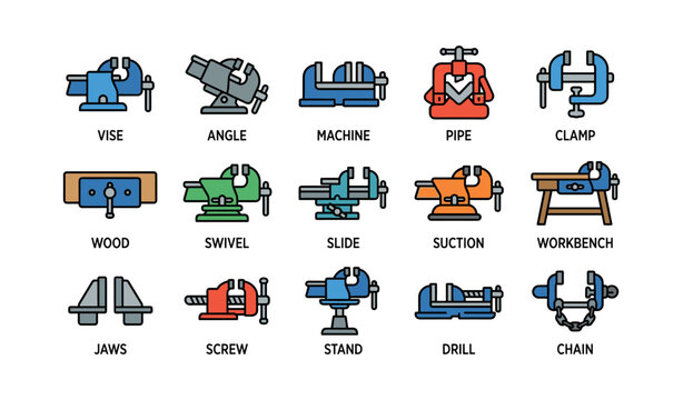 Colorful industrial tools collection including vise, pipe clamp, and workbench