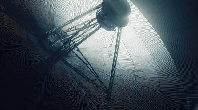 Large dish antenna structure capturing and transmitting advanced communication signals, representing global connectivity, technology, and scientific research