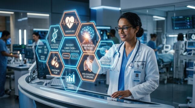 A smiling female doctor, Alisha, stands in a modern medical laboratory, examining a holographic display.