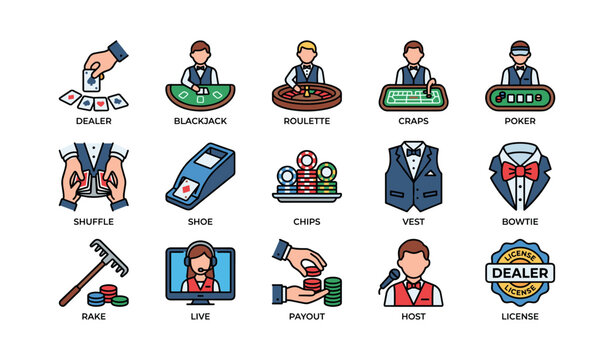 Casino game icons: dealer, blackjack, roulette, poker, and more
