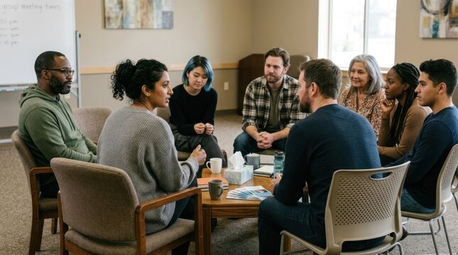 A diverse group of people are gathered around a wooden table in a meeting room.