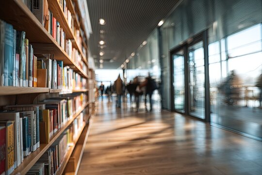Modern library interior with full bookshelves on one side and blurred people walking