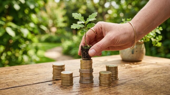A person gently places a young oak sapling on a stack of coins. The hand, adorned with a gold bracelet, carefully supports the seedling, which is rooted in a small pot.