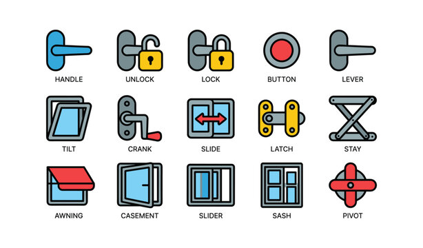 Door and window mechanisms: handles, locks, buttons, levers, cranks, slides, latches, awnings, and sashes illustrated
