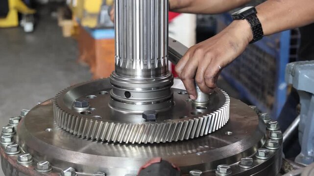 ​Professional technician tightening heavy machinery gear bolts using manual torque wrench in industrial workshop