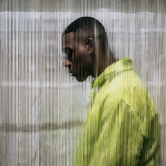 Man obscured behind textured glass looking down