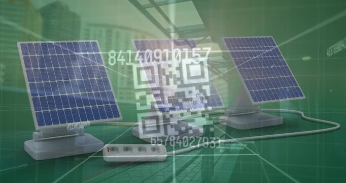 Animation of changing numbers and qr code scanner over solar panels against green background