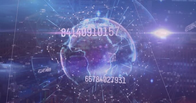 Animation of multiple changing numbers and light trails over spinning globe on blue background