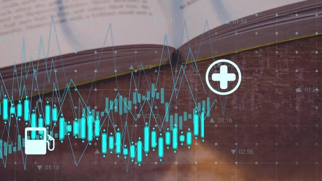 Animation of multiple symbols and graphs with changing numbers on grid over book on wooden table