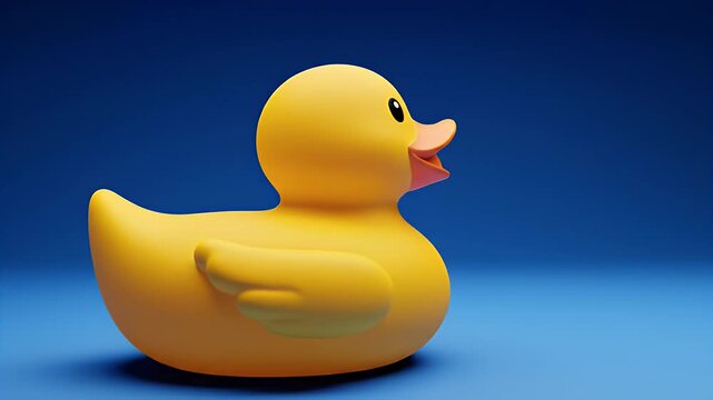 A vibrant yellow rubber duck sits prominently against a smooth, deep blue background, creating a playful and visually striking composition.