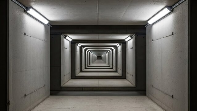 A long, dark corridor with fluorescent lights on the ceiling