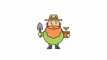 Fototapeta premium Cartoon gardener character holding trowel and potted plant