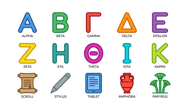 Greek alphabet and ancient artifacts - symbols and objects