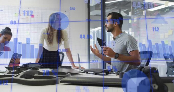 Animation of statistical data processing against diverse man and woman discussing at office