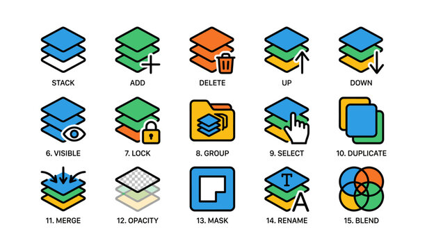 Layer management icons set: stack, add, delete, lock, group, merge, opacity, mask, rename