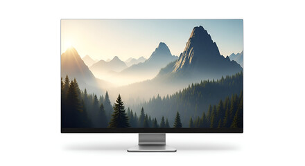 Fototapeta premium Computer monitor displaying a pixelated mountain landscape at sunrise, concept for digital art and technology