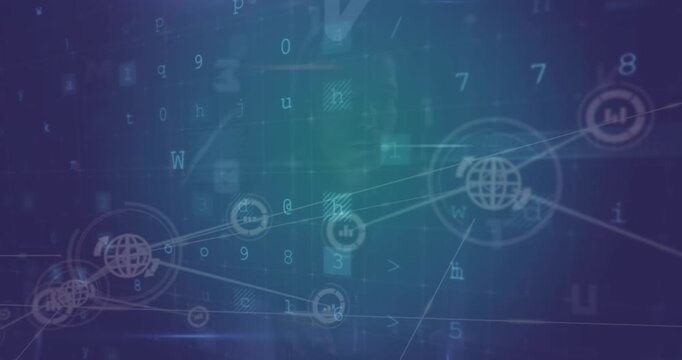 Animation of connected icons over texts, numbers, letters, symbols against blue background