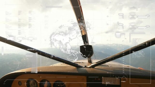 Animation of globe and data processing over airplane