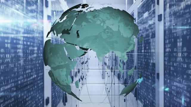 Animation of globe rotating with abstract patterns illuminating on data server racks