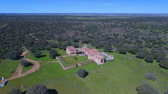 Aerial view from a drone of holm oak pastures near the Hermitage of Our Lady of Cueto. Campo Charro. Campo de Salamanca region. Salamanca. Castile and Le&oacute;n. Spain. Europe