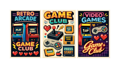 Fototapeta premium Retro arcade game club posters with vintage video game elements and neon signs