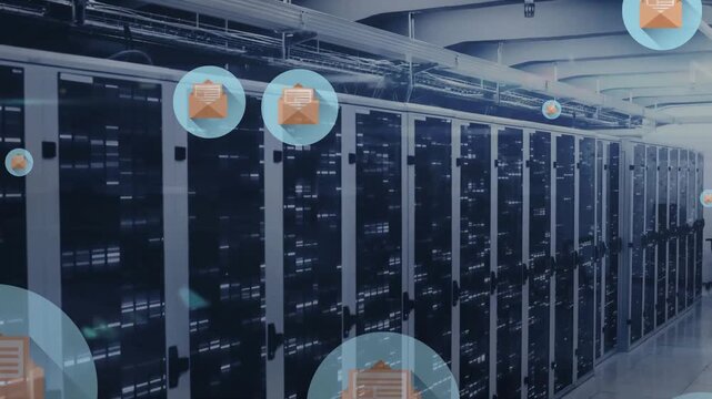Animation of floating email icons over computer servers and data processing