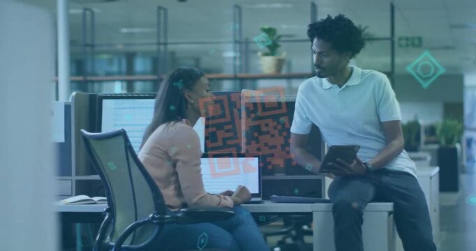 Animation of diverse businesspeople in office and qr code