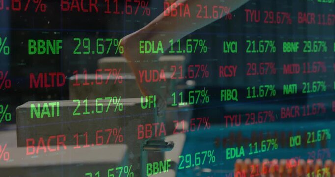 Animation of stock market and diagrams over caucasian swimmer jumping into swimming pool
