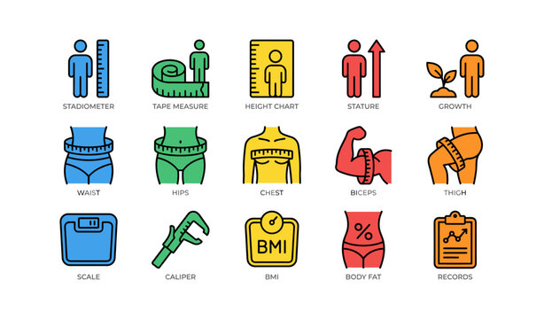 Body measurement icons: stadiometer, tape measure, bmi, growth, records