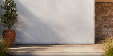 Naklejka na ściany i meble Empty white wall background in outdoor backyard scene. Modern house patio with marble tile floor and stucco wall. Luxury home terrace and garden landscaping architecture design. Building exterior