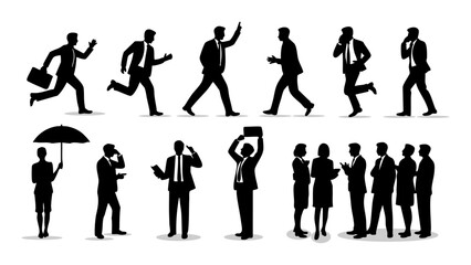 Obraz premium set of business man silhouettes running walking and talking on phone, set of business man silhouettes running walking and talking on phone, businessman silhouettes in various poses with briefcase and 