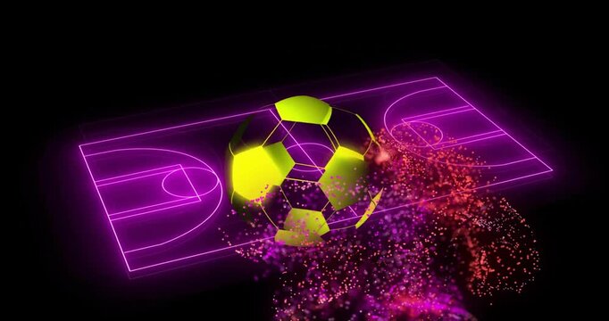 Animation of red and purple particle network and football over pink neon basketball court on black