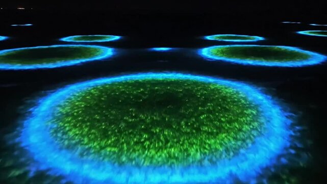 Bioluminescent Algae Blooms Create Ethereal Glowing Circles on Dark Ocean Surface at Night