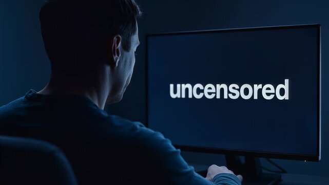Young man watching uncensored content on computer monitor in dark room at night