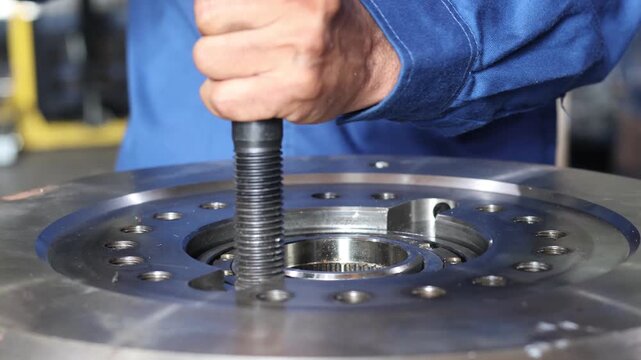 ​Mechanical technician installing a steel bearing into a heavy industrial metal component using a large hex bolt and hammer as manual tools inside a professional workshop.