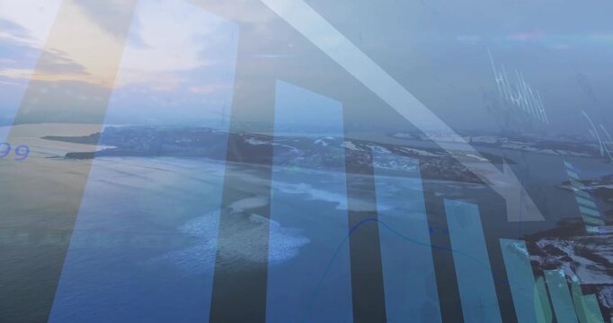 Displaying blue data overlay over coastal sunrise view, showing bar charts and progress icons