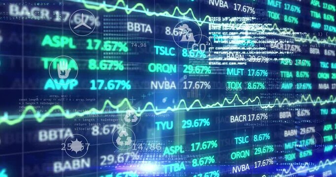Trading dashboard loading data graph scrolling as percentages rising and icons shifting for trends