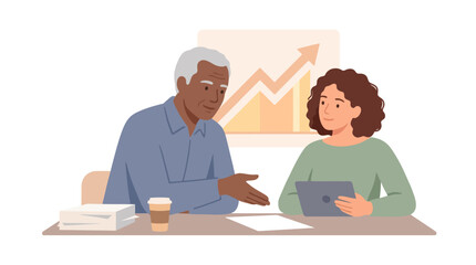 Fototapeta premium Professional Business Meeting Between Senior Mentor and Young Employee. EPS Editable. Vector Illustrations.