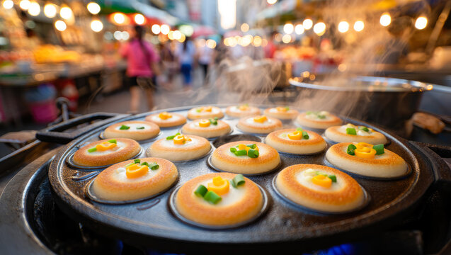 Thai coconut pancakes cooking on street food stall in vibrant night market, culinary showcase, travel articles, traditional dessert 