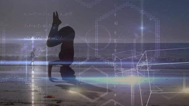 Placing head on sand woman lifting into headstand on beach with 3D shapes showing yoga balance