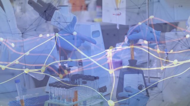 Lab technician placing tube into centrifuge for sample prep, starting spin while overlay tracking