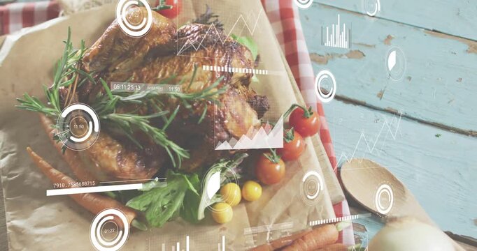 HUD overlay fading in over chicken, camera panning showing spoon, charts cycling providing analysis