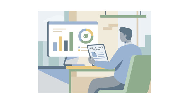 Professional man analyzing business data charts on computer screen in office. EPS Editable. Vector Illustrations.
