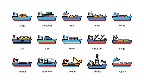 Colorful icons of various cargo ships including tanker and drillship