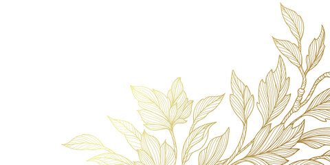 Luxury floral background in line art style with golden hand drawn branches and leaves isolated on white background. Botanical frame, corner. Vector pattern for wedding invitation, card, banner, cover  © Victory